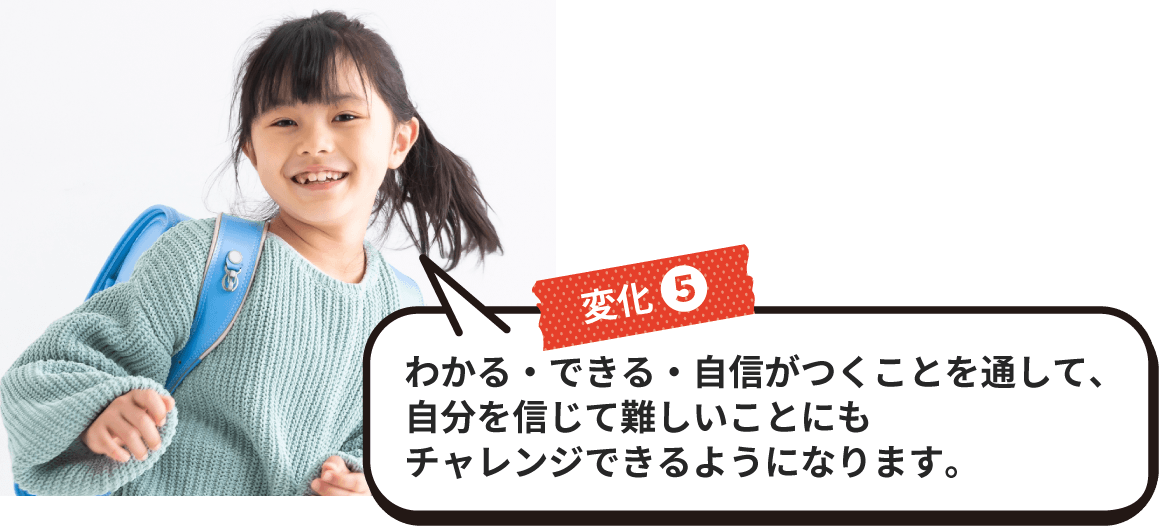 変化5 わかる・できる・自信がつくことを通して、自分を信じて難しいことにもチャレンジできるようになります。